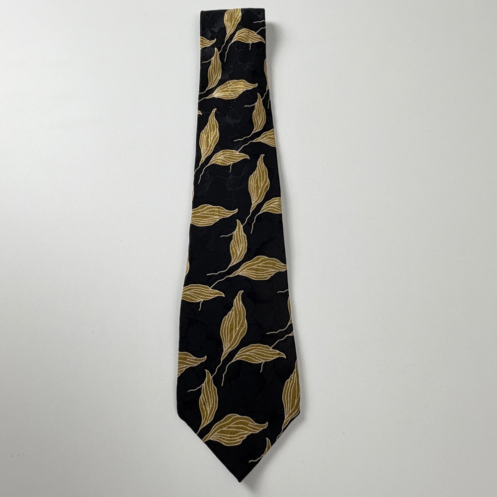 Vintage 90s‎ Torriani Black Gold Botanical Leaf Print Silk Tie Italy